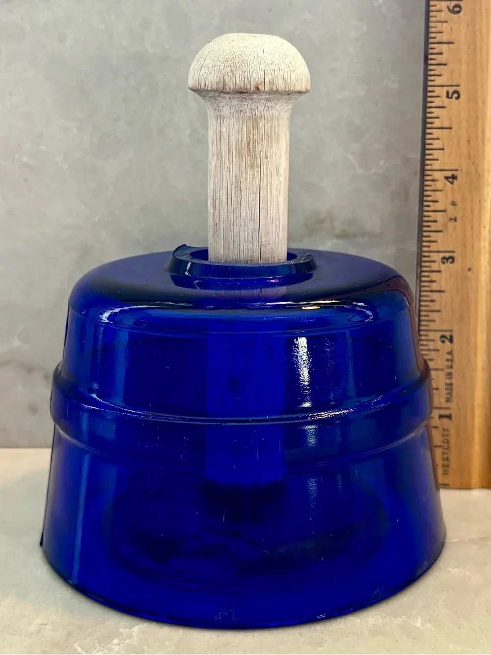 Cobalt Blue Glass Cow Butter Press Mold Wood Handle Vintage Rare